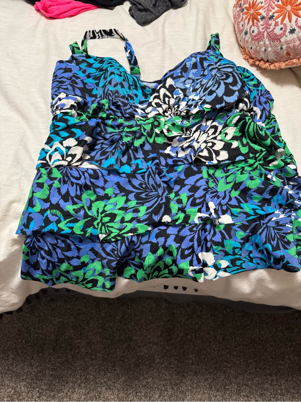 Lane Bryant Blue, Green & White Floral Tiered One-Piece Swimsuit
